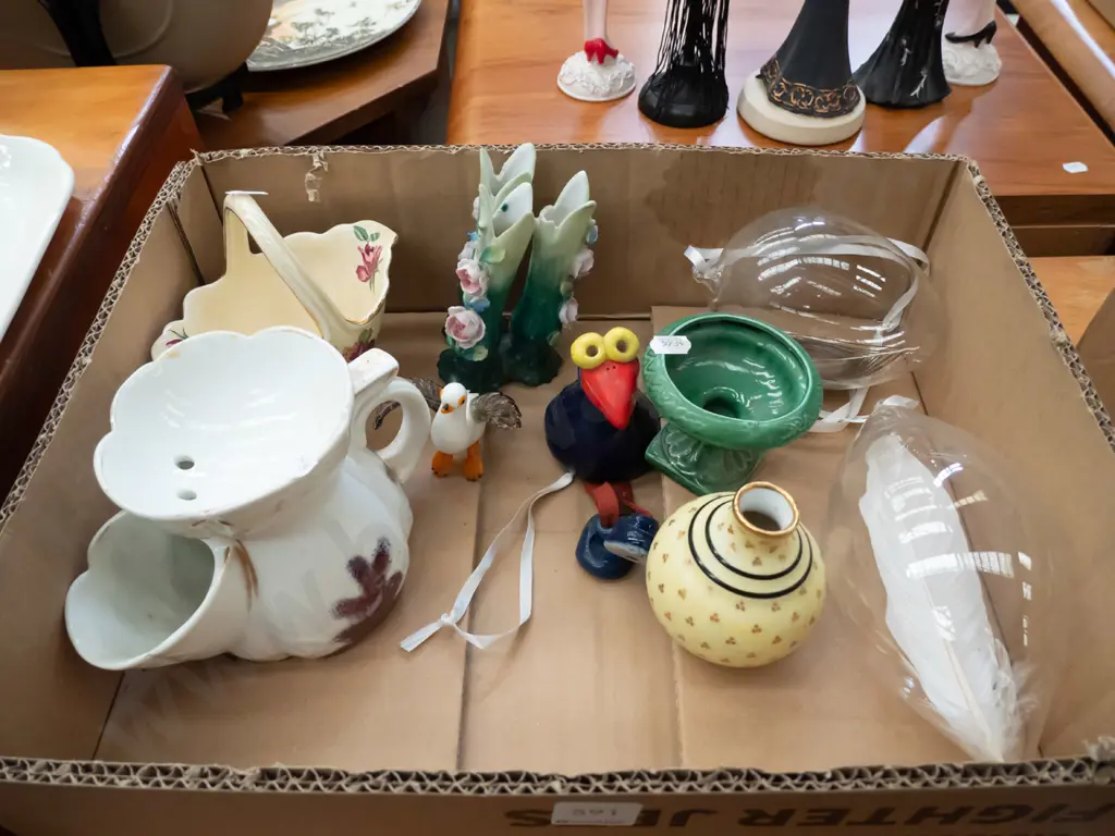 box; glass peacock feather ornaments, pukeko figurines, small vases etc Image 1++