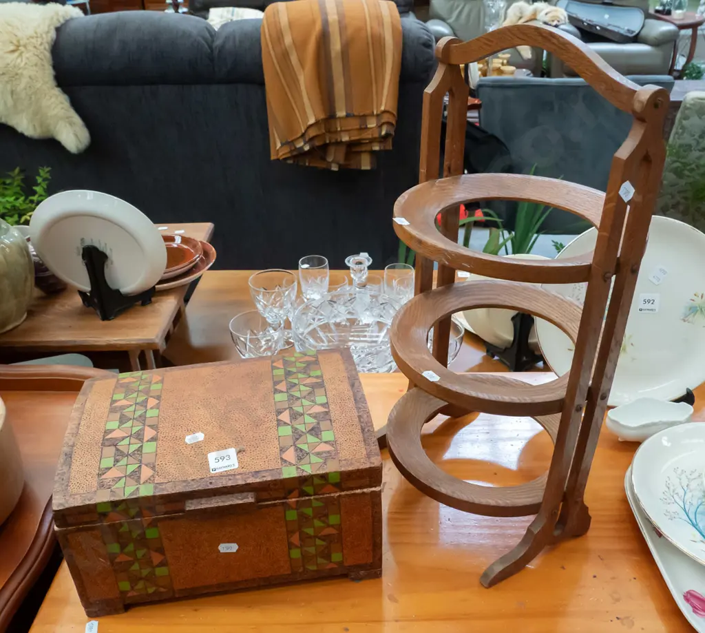 mdf pokerwork storage chest, oak 3 teir plate stand Image 1++