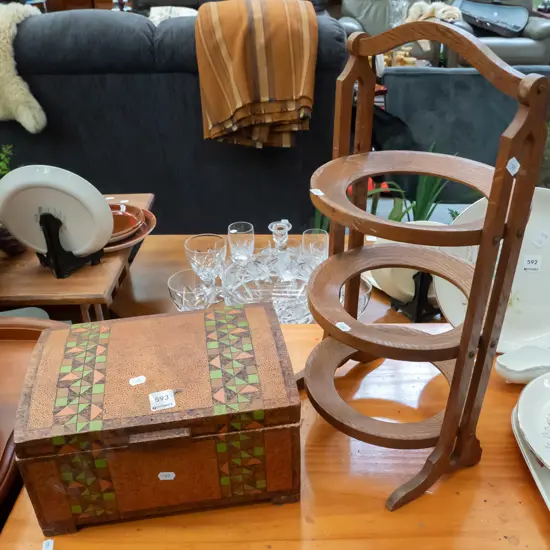 mdf pokerwork storage chest, oak 3 teir plate stand