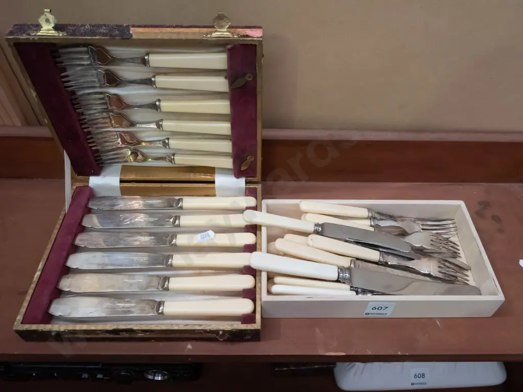 cased bone handled fish set & box of bone handled cutlery Image 1++