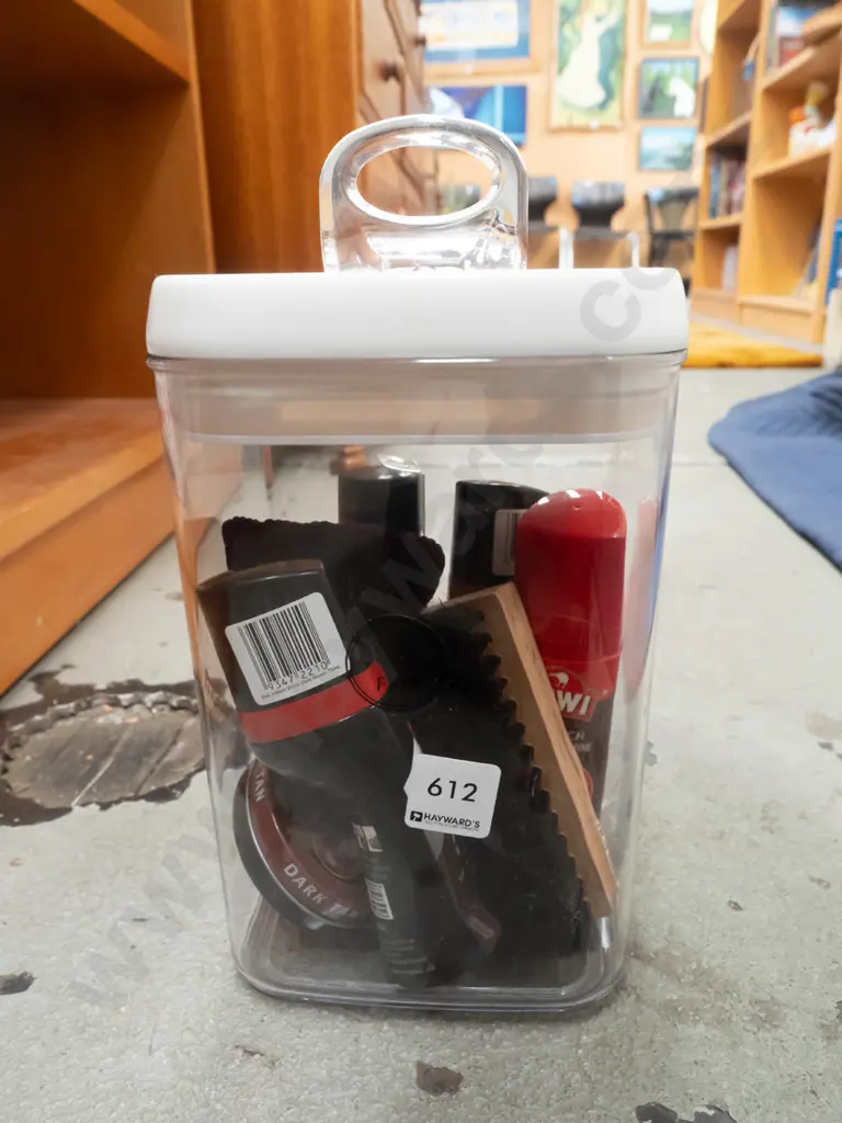 plastic storage container, shoe polish and brushes Image 1++