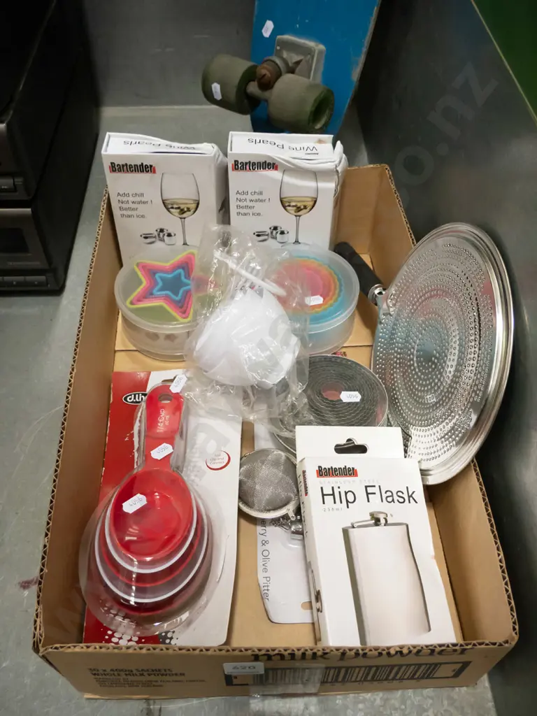 box; cookie cutters, measuring cups, hip flask etc Image 1++