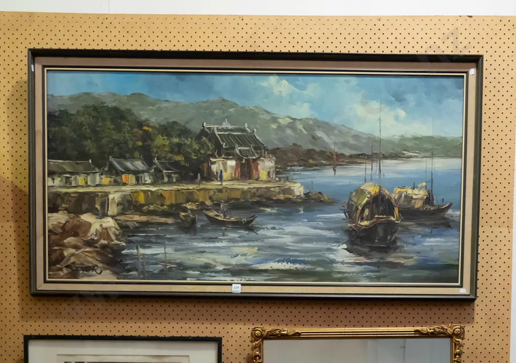 large framed oil on board - Asian fishing village Image 1++