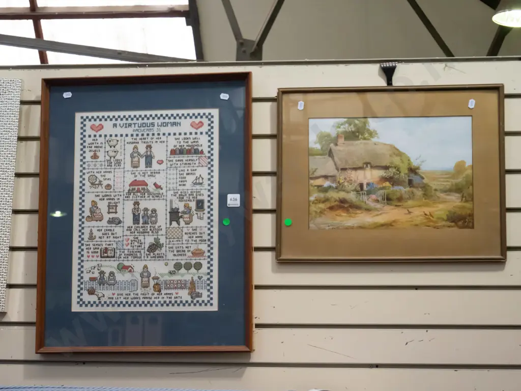 framed cottage print , framed needlework - green dots Image 1++