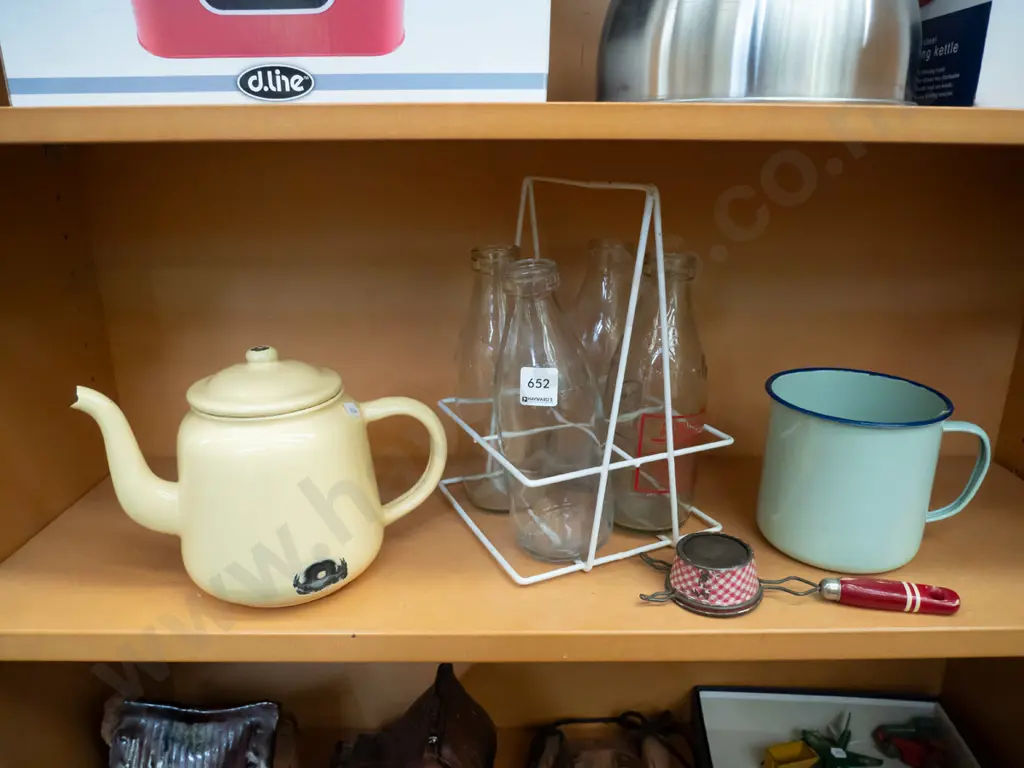 large enamel cup, tea pot, milk bottles etc Image 1++