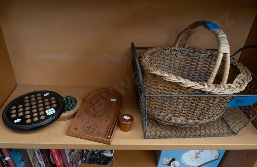 shelf; cane basket, metal basket, miniature bagatelle game etc Image 1++