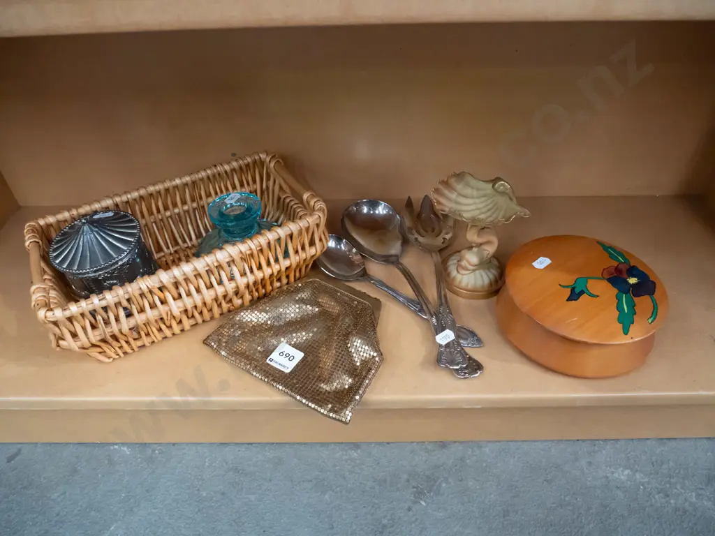 shelf; plated servers, fish themed ashtray, Oroton clutch purse etc Image 1++