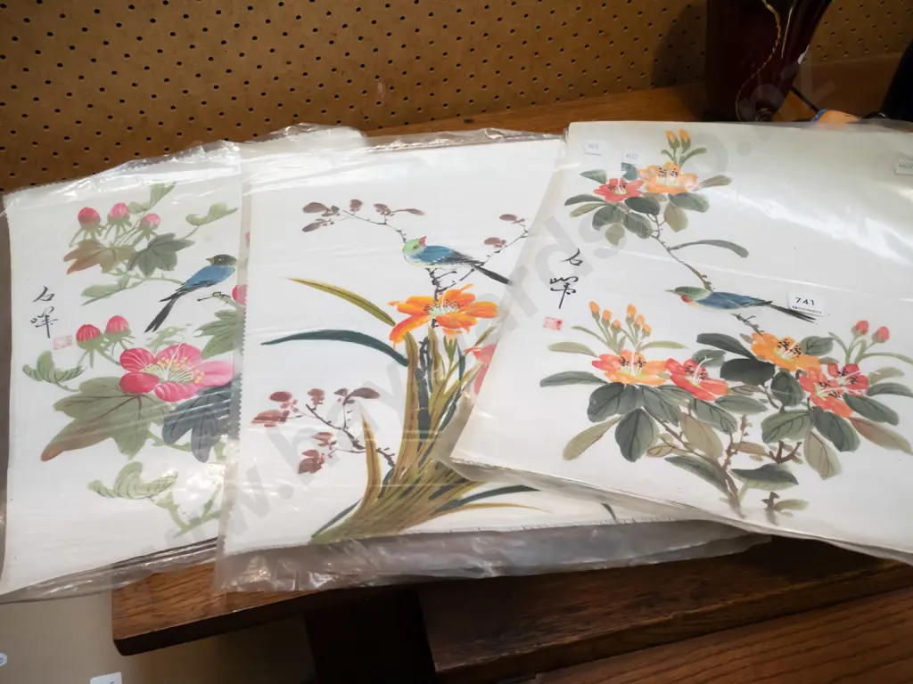 unframed Asian watercolours on fabric Image 1++