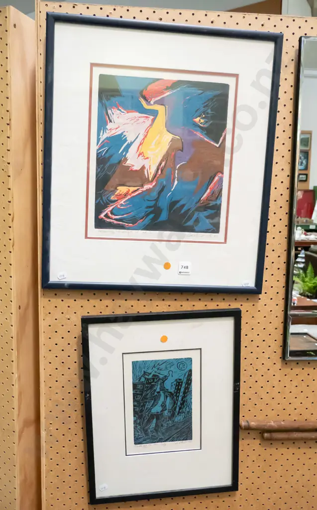 Carter '94 and '95 - 2 framed woodblock prints - need attention - orange dots Image 1++