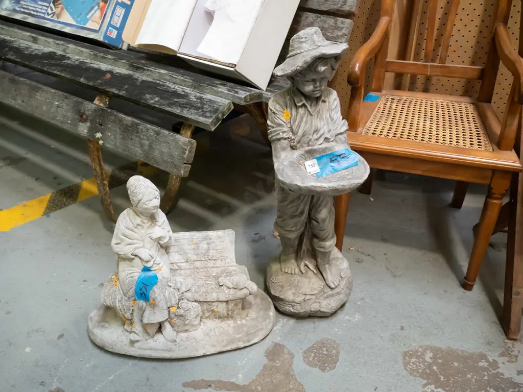 2x concrete garden ornaments  - woman on bench seat, boy with bowl (hole) H-580 Image 1++