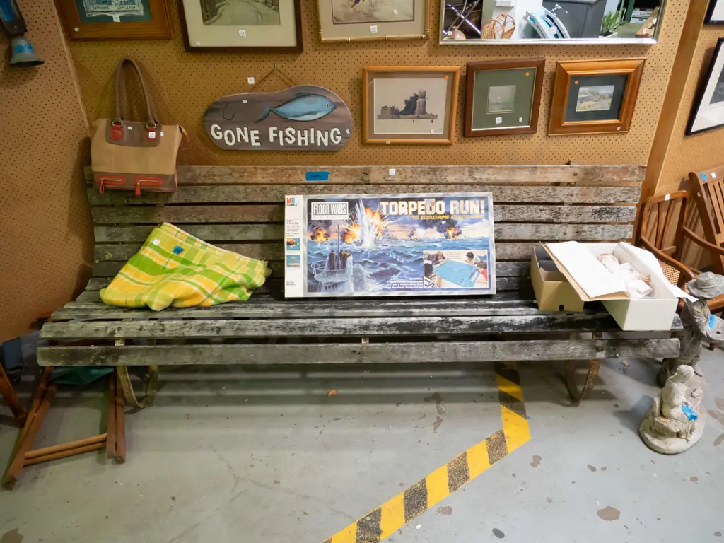 very long wood and metal garden bench seat L-2450 H-830 Image 1++