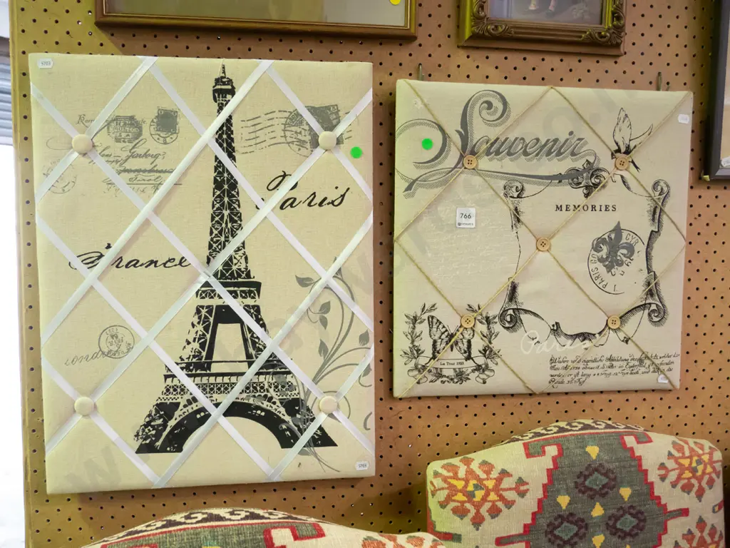 2x French themed upholstered wall mounted stationery display boards Image 1++