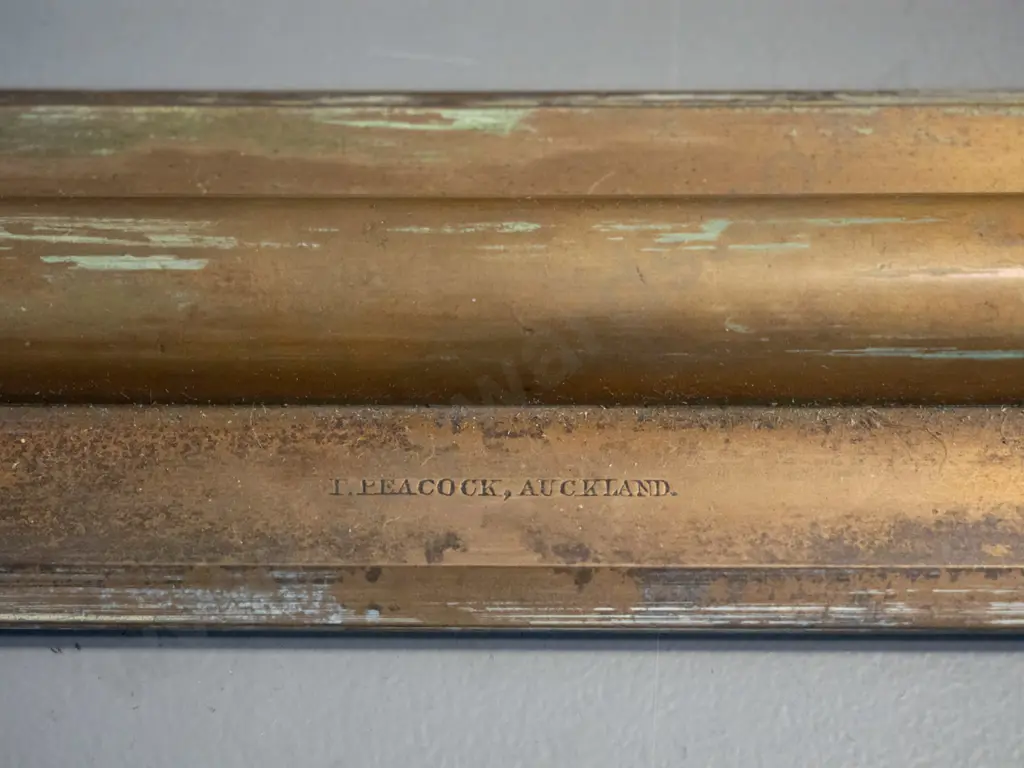antique mahogany-cased brass rolling rule marked "T. Peacock, Auckland" - rule L-615, some verdigris & corrosion, box Image 1++