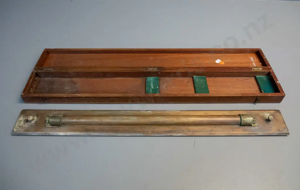 antique mahogany-cased brass rolling rule marked "T. Peacock, Auckland" - rule L-615, some verdigris & corrosion, box Image 1++