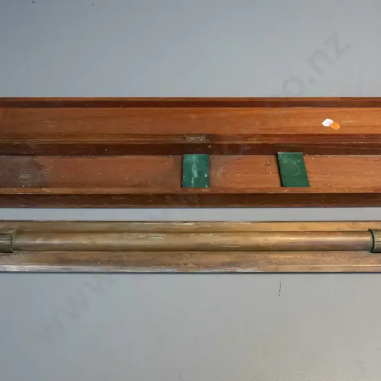 antique mahogany-cased brass rolling rule marked "T. Peacock, Auckland" - rule L-615, some verdigris & corrosion, box