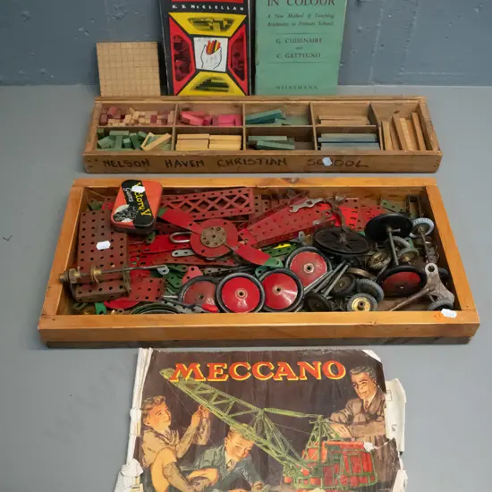 two vintage toy sets in timber trays - Meccano and coloured timber blocks with educational booklets. Meccano worn, some