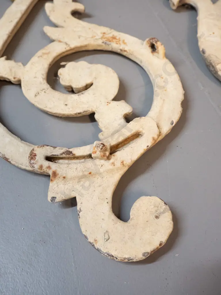 pair of cast iron cream painted ornamental pieces - from verandah trim or gate? Age wear and chips to paint H-600 W-220 Image 1++