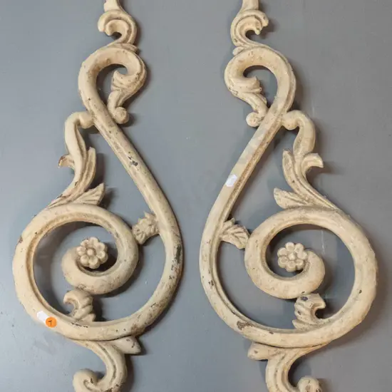 pair of cast iron cream painted ornamental pieces - from verandah trim or gate? Age wear and chips to paint H-600 W-220