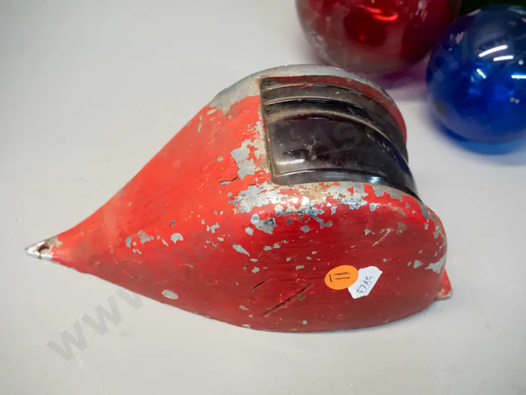 vintage cast metal port side ship light cover with red fresnel lens and 3 small coloured glass fishing floats. Some Image 1++