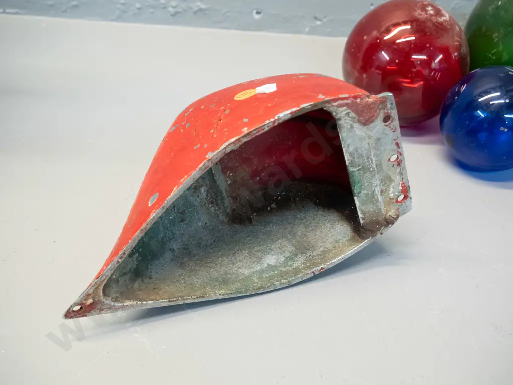 vintage cast metal port side ship light cover with red fresnel lens and 3 small coloured glass fishing floats. Some Image 1++
