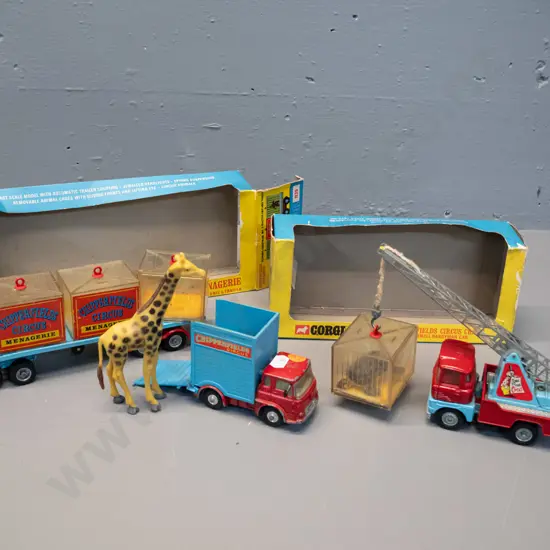 3 retro die-cast Corgi Chipperfield's Circus vehicle sets - circus crane, menagerie flatbed trailer and giraffe truck