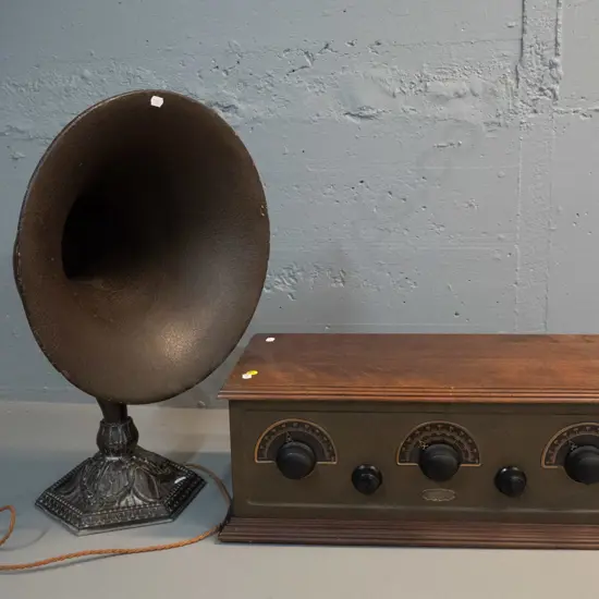 vintage Stewart-Warner wood-cased valve radio with separate horn speaker - speaker has heavy cast metal base - note says