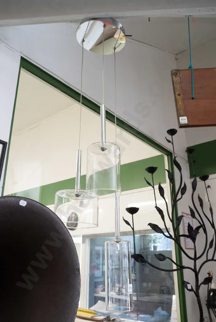 Mercator Torino modern chrome and glass 3-bulb halogen light fitting with 3 various sized hanging glass cylinder shades Image 1++