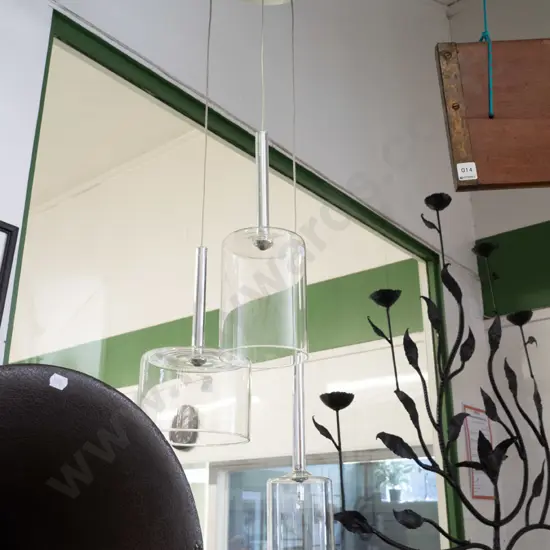 Mercator Torino modern chrome and glass 3-bulb halogen light fitting with 3 various sized hanging glass cylinder shades