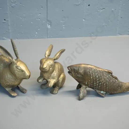3 brass animal figures - a fish and 2 rabbits, taller is H-130 L-160