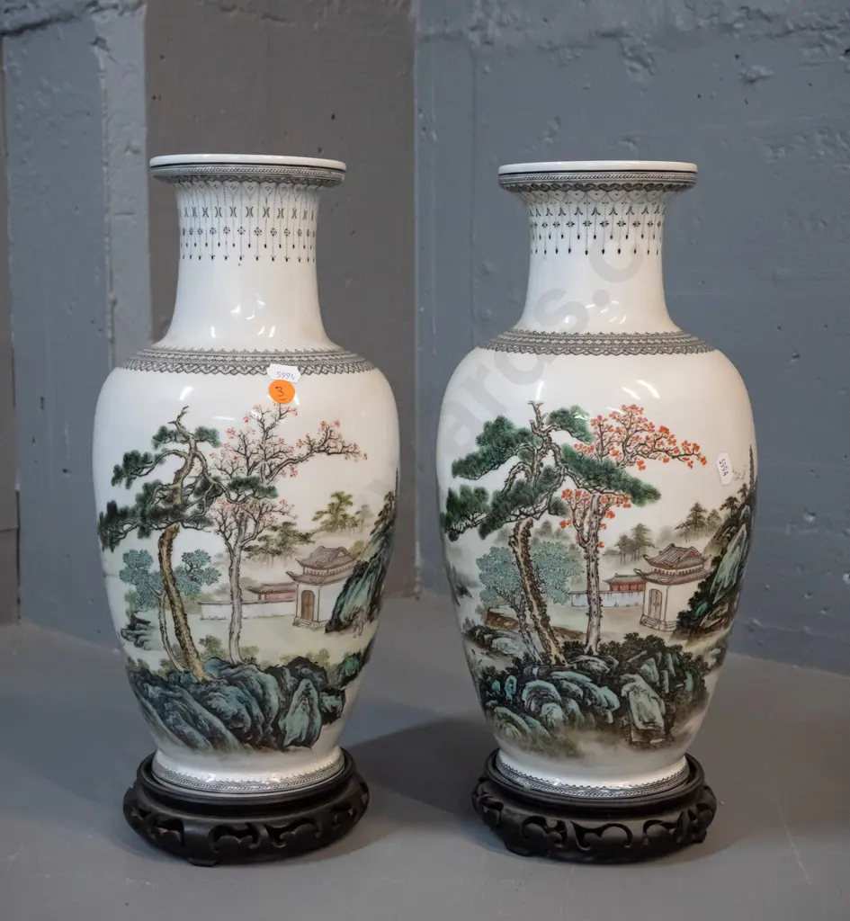pair of Chinese vases on carved hardwood stands - pagoda and trees motifs - see photos for character marks H400 on stand Image 1++