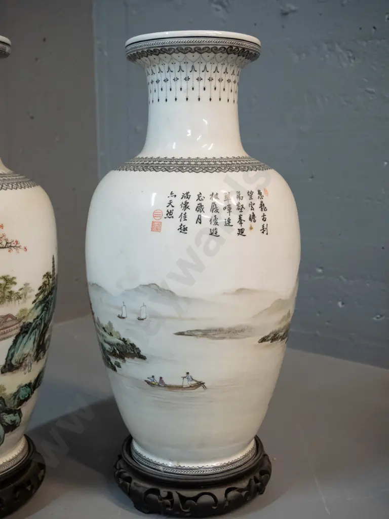 pair of Chinese vases on carved hardwood stands - pagoda and trees motifs - see photos for character marks H400 on stand Image 1++