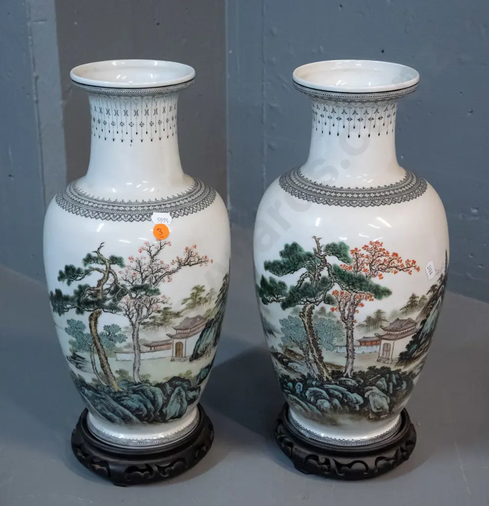 pair of Chinese vases on carved hardwood stands - pagoda and trees motifs - see photos for character marks H400 on stand Image 1++