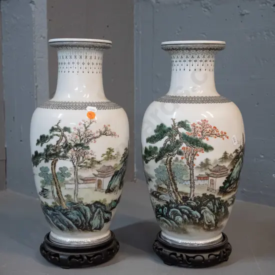 pair of Chinese vases on carved hardwood stands - pagoda and trees motifs - see photos for character marks H400 on stand