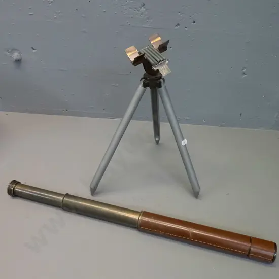 vintage telescope marked Quick Focus Rifleman / JH Steward / made in England with small tripod w/ spring clip mount.