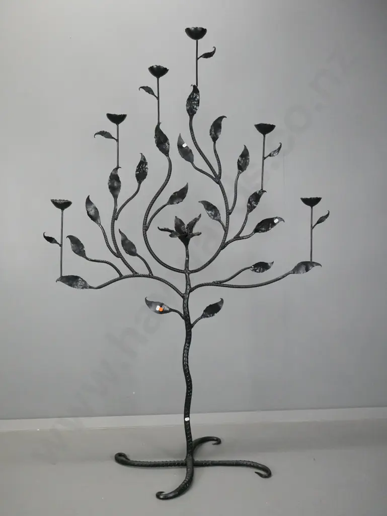 large wrought metal 6-candle floral and leaf motif with cup shaped candle holders, swirling 4-point base H-1630 W-1080 Image 1++