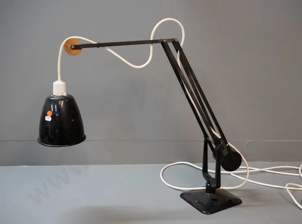 vintage black painted cast alloy work / desk lamp with weighted tilting adjustment - cord has been cut, needs rewiring Image 1++