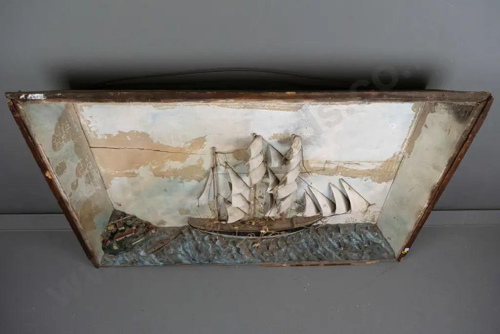framed restorer's sailing boat themed shadow box (borer, cracks, framing needs attention) Overall H-680 W-930 Image 1++
