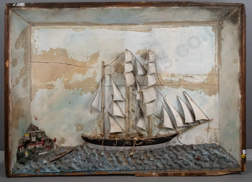 framed restorer's sailing boat themed shadow box (borer, cracks, framing needs attention) Overall H-680 W-930 Image 1++