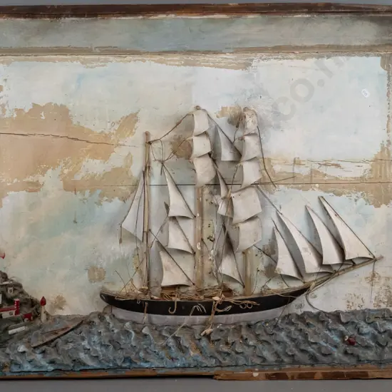framed restorer's sailing boat themed shadow box (borer, cracks, framing needs attention) Overall H-680 W-930