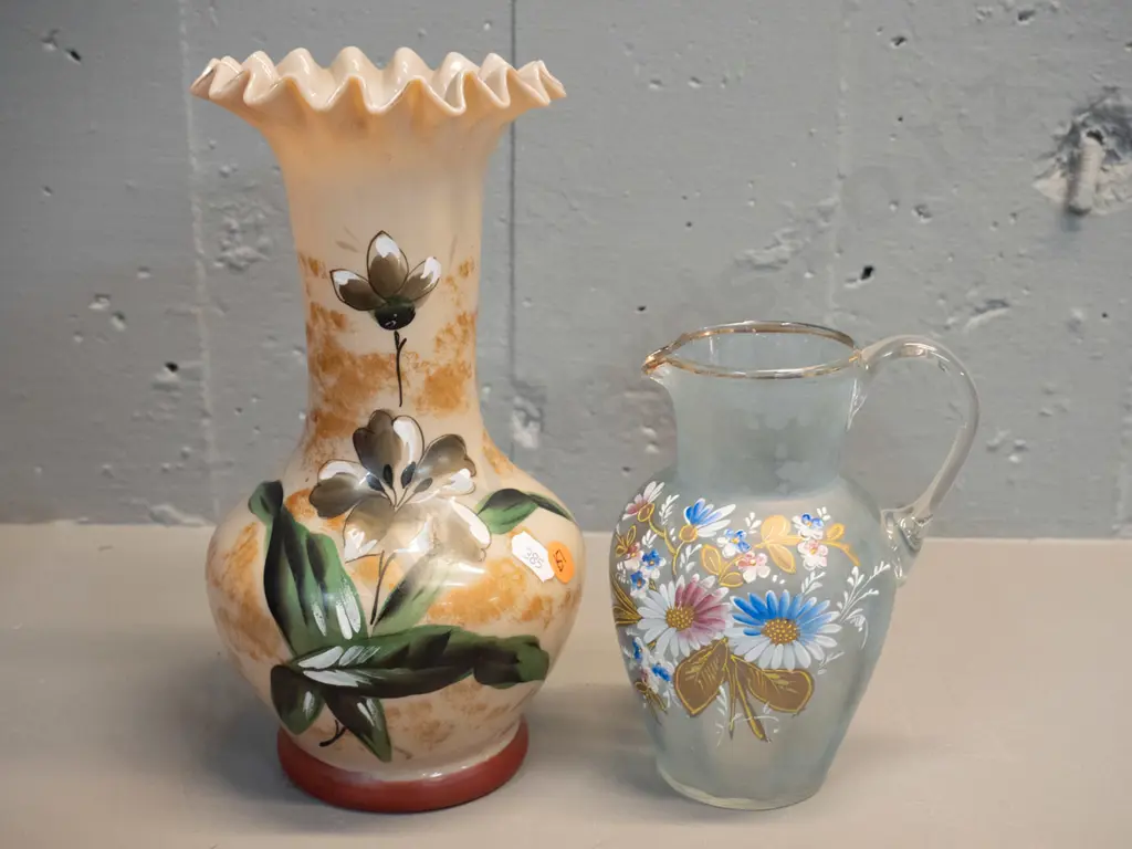 2 vintage hand-decorated glass items - vase H-240 and jug Image 1++
