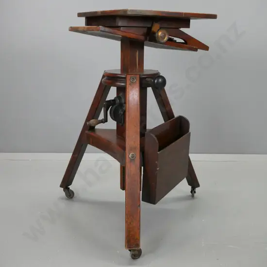 antique oak studio camera platform on tripod base with casters, metal hand crank height adjuster, locking knobs for tilt