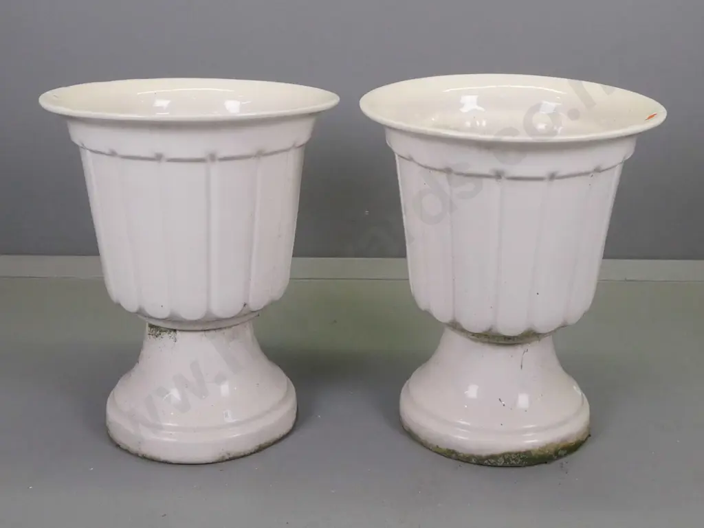 pair 2-piece McSkimmings pottery garden urns with fluted tops on separate pedestal base, H-520 D-430 at top Image 1++