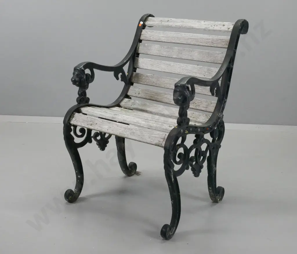 vintage cast iron ended timber slat outdoor chair with lion's head arms - very wobbly, needs bracing H-820 W-580 D-500 Image 1++