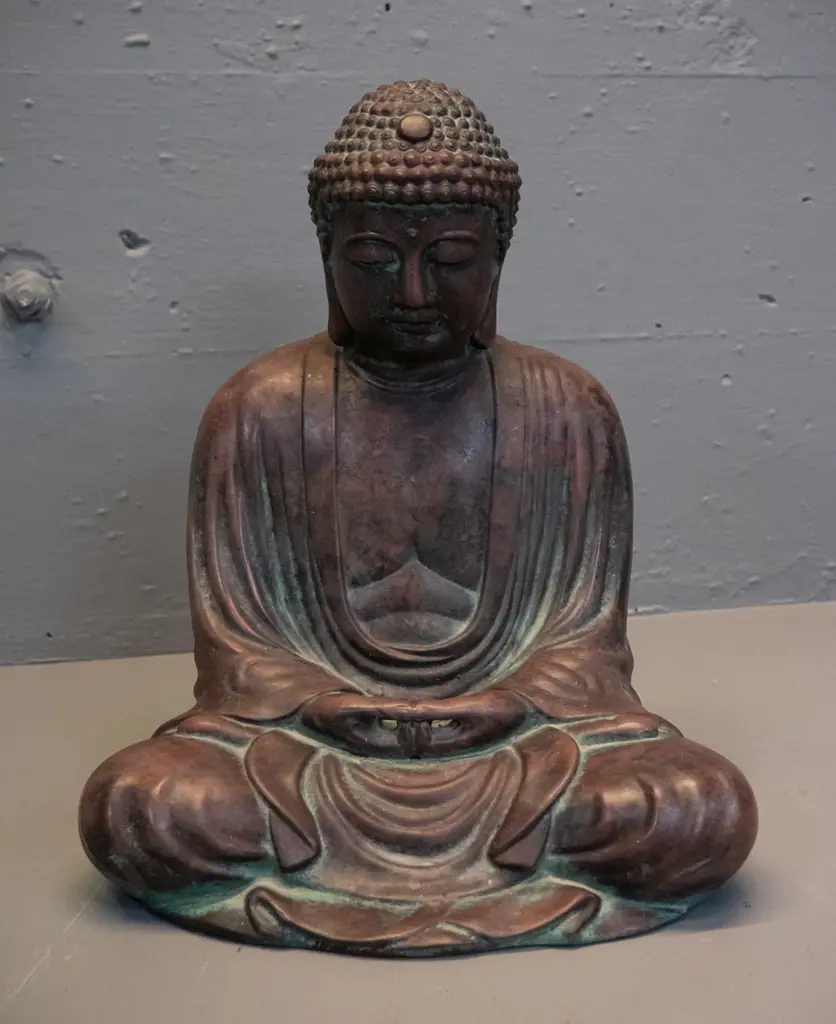 heavy cast composite Buddha figure with copper & verdigris patina finish H-290 W-240 D-200 Image 1++