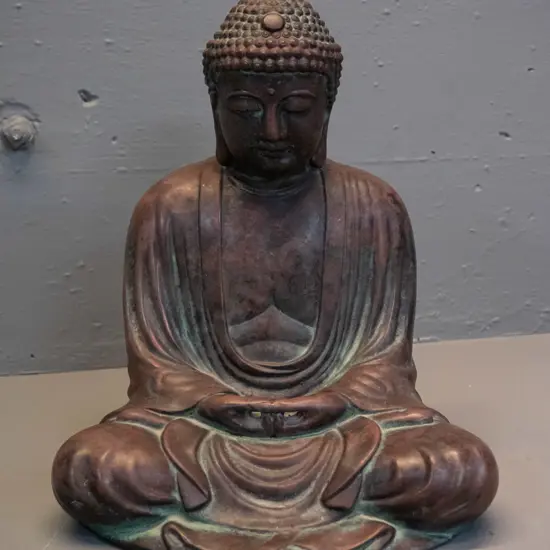 heavy cast composite Buddha figure with copper & verdigris patina finish H-290 W-240 D-200