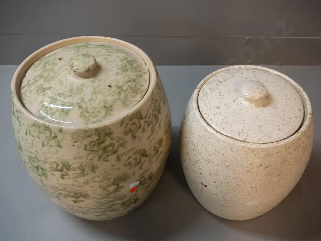 2 lidded stoneware crocks - mottled green & cream marked TImaru Potteries, has chips, crack on base, other has no Image 1++
