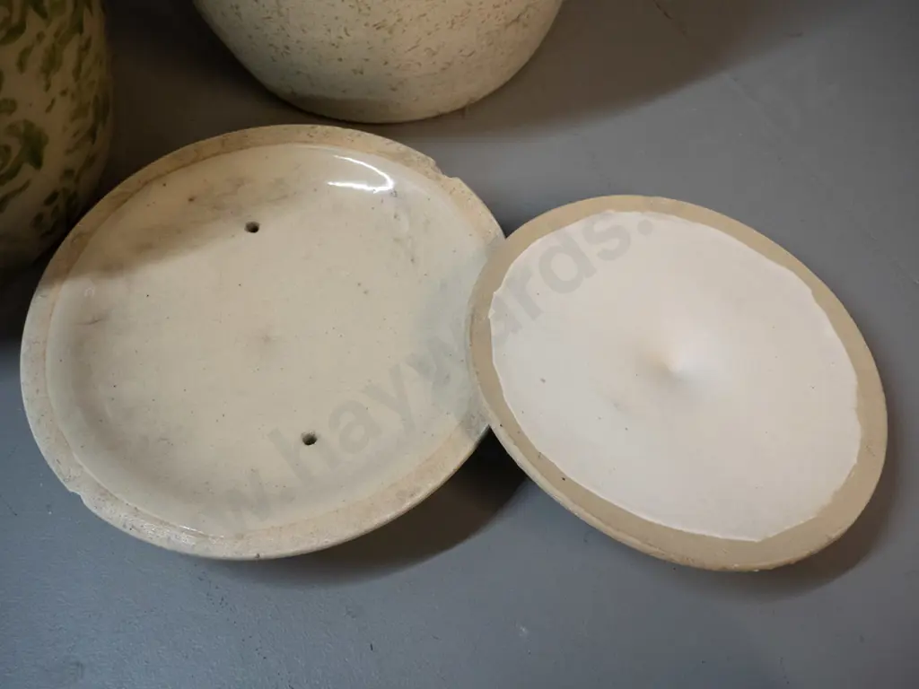 2 lidded stoneware crocks - mottled green & cream marked TImaru Potteries, has chips, crack on base, other has no Image 1++