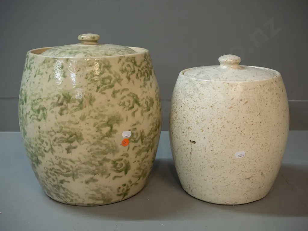2 lidded stoneware crocks - mottled green & cream marked TImaru Potteries, has chips, crack on base, other has no Image 1++