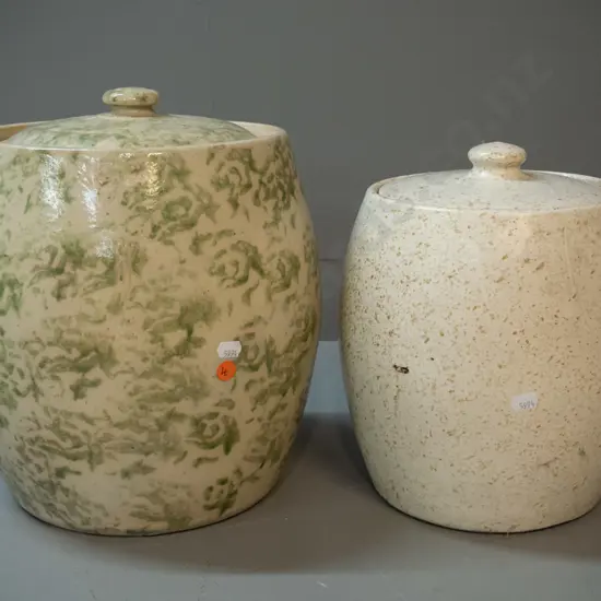 2 lidded stoneware crocks - mottled green & cream marked TImaru Potteries, has chips, crack on base, other has no