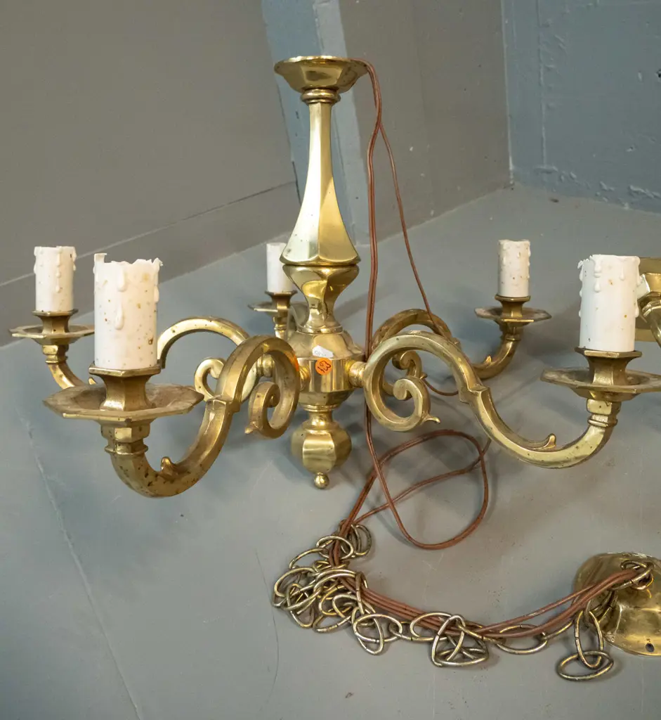 two cast brass light fittings - 5-bulb hanging ceiling fitting w/brass rose and matching 2-bulb wall sconce - marked Image 1++